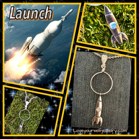 “Launch” awesome silver rocket ship pendant  set with crystal and crystal bale on long elegant rope chain