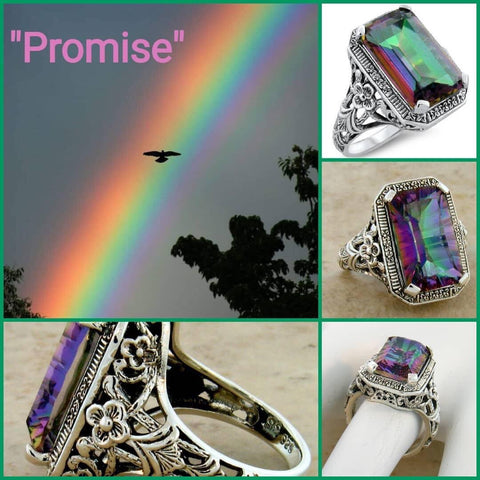 “Promise” gorgeous 10 carat color changing rainbow topaz set in solid  ornate sterling silver filigree setting