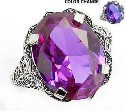 “His Beauty” stunning 8 carat color changing (lab) alexandrite set in ornate filigree solid sterling silver Sz 9