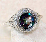 Gorgeous 2 carat color changing rainbow topaz sterling silver filigree ring