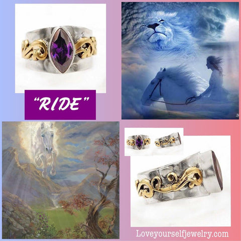 ”Ride” gorgeous marquise amethyst set in solid sterling silver with ornate brass accent
